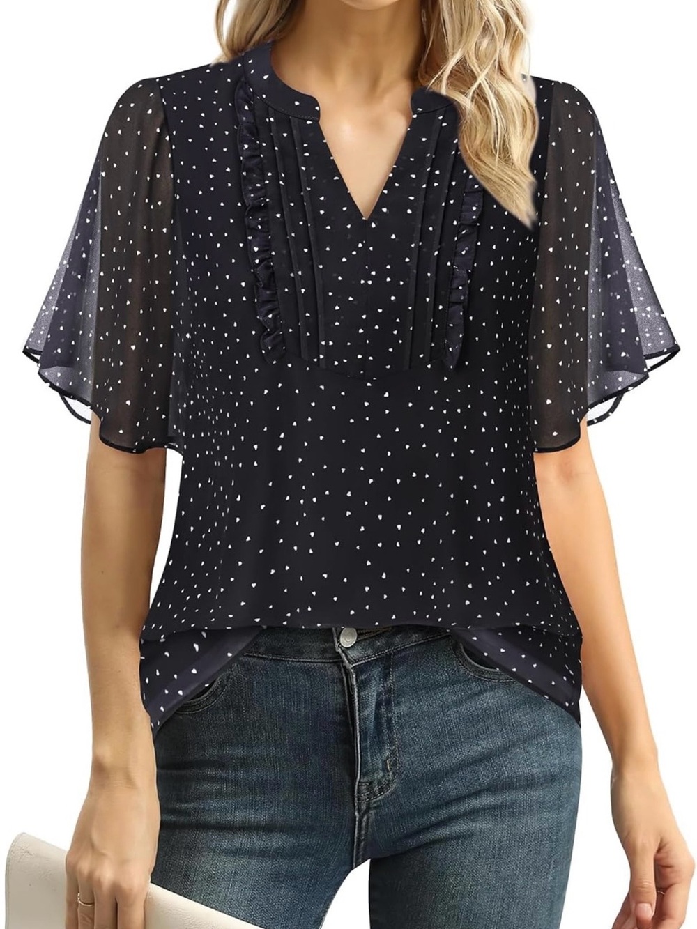 Amazon Black & White Polka Dot Flutter Sleeve Blouse